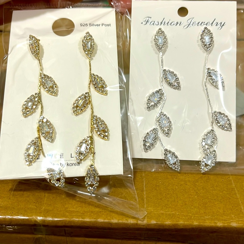 Silver or gold crystal leaf earrings
